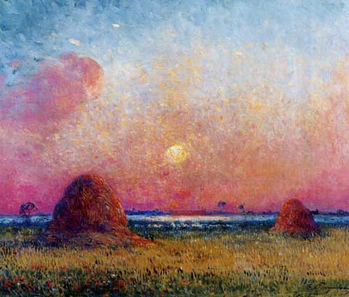 Painting Code#41094-Ferdinand du Puigaudeau - Wheat Stack at Sunset