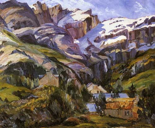 Painting Code#41106-George Gardner Symons - Houses at the Base of Snow Capped Mountains