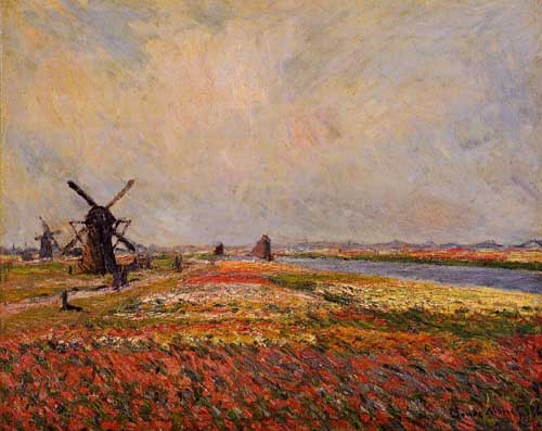 Painting Code#41334-Monet, Claude - Fields of Flowers and Windmills near Leiden