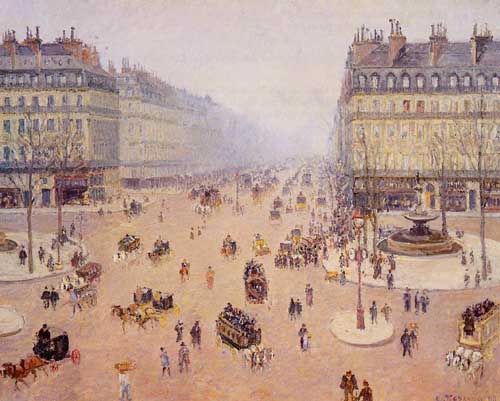 Painting Code#41659-Pissarro, Camille - Avenue de l&#039;Opera, Place du Thretre Francais, Misty Weather