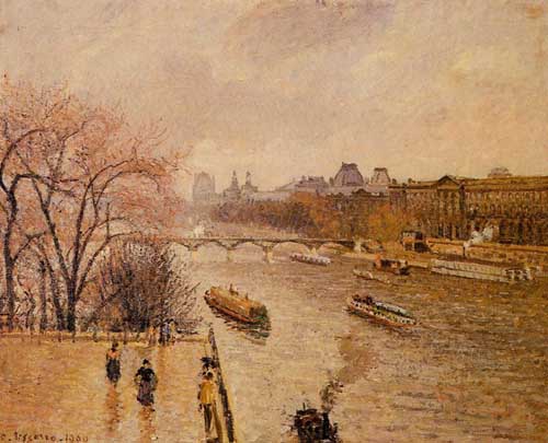Painting Code#41908-Pissarro, Camille - The Louvre, Afternoon, Rainy Weather