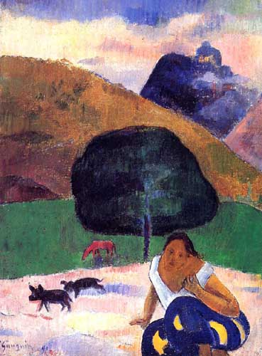Painting Code#42154-Gauguin, Paul - Landscape with Black Pigs and a Crouching Tahitian