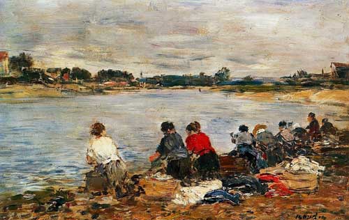 Painting Code#42314-Eugene-Louis Boudin - Laundresses on the Banks of the Touques 