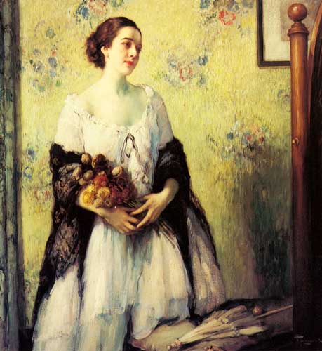 Painting Code#45034-Toussaint, Fernand(Belgium): A Young Woman holding a Bouquet of Summer Flowers
