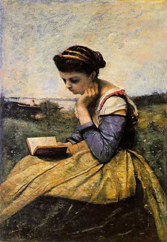 Painting Code#45163-Corot, Jean-Baptiste-Camille - Woman Reading in a Landscape

