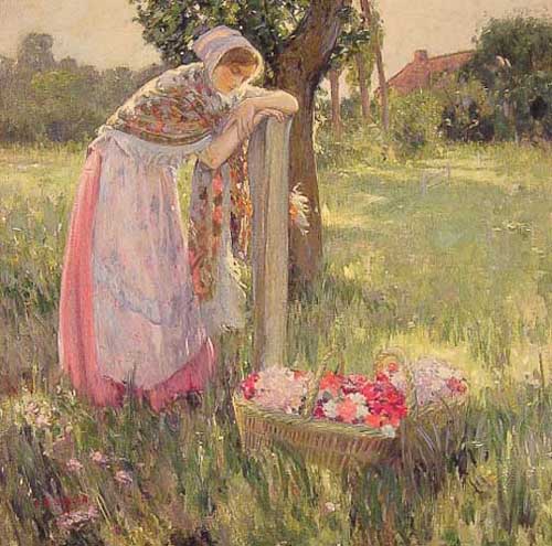 Painting Code#45169-Barlow, Myron G.: Resting by A Basket of Flowers