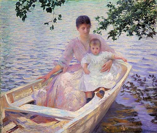 Painting Code#45264-Tarbell, Edmund Charles(USA): Mother and Child in a boat