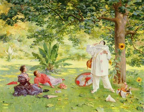 Painting Code#45269-Tessier, Louis Adolphe(France): Pierrot Entertaining In The Garden
