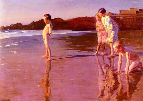Painting Code#45396-Correa, Benito Rebolledo: Children On The Beach At Sunset, Valencia