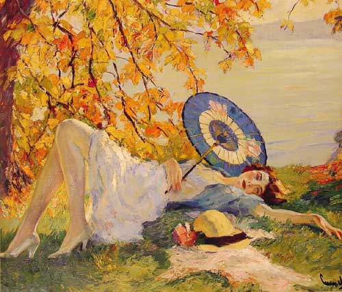 Painting Code#45465-Cucuel, Edward(USA): Woman Reclining by a Lake