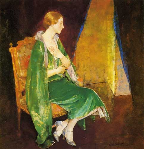 Painting Code#45719-Charles W. Hawthorne - Woman in Green (also known as Portrait of Mrs. Crocket)