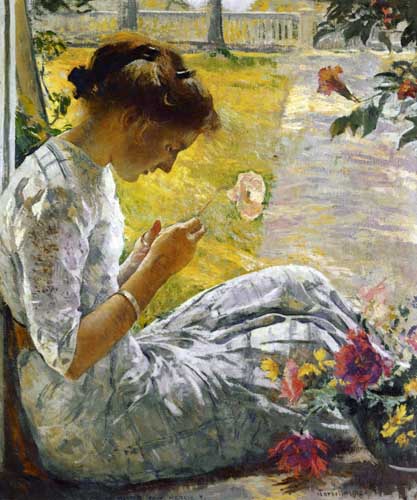 Painting Code#45724-Edmund Tarbell - Mercie Cutting Flowers