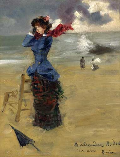 Painting Code#45756-Jean-Louis Forain - Elegant Woman on the Beach