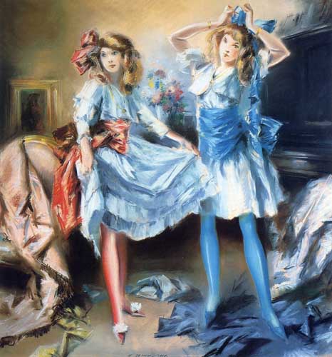 Painting Code#45762-Everett Shinn - Two Girls Dressing for a Party
