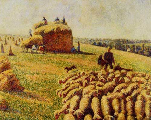 Painting Code#45778-Pissarro, Camille - Flock of Sheep in a Field after the Harvest