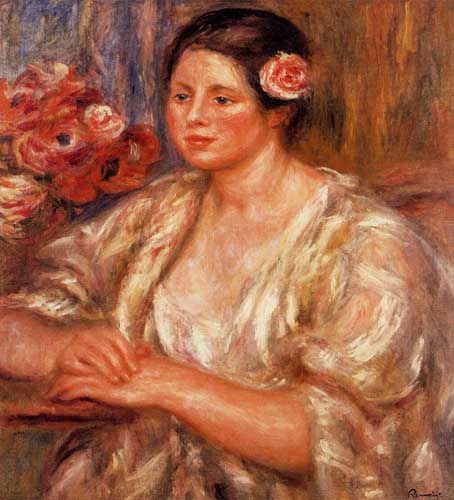 Painting Code#45945-Renoir, Pierre-Auguste - Madelaine in a White Blouse and a Bouquet of Flowers