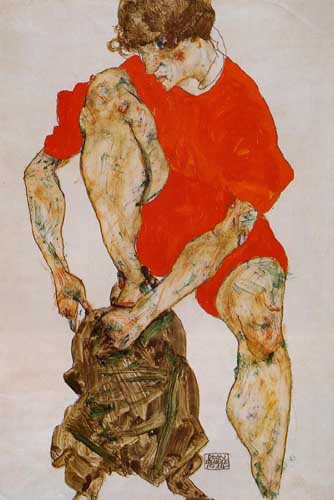 Painting Code#46223-Egon Schiele - Female Model in Bright Red Jacket and Pants