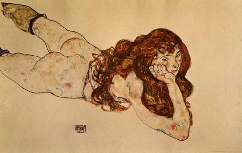 Painting Code#46224-Egon Schiele - Female Nude Lying on Her Stomach