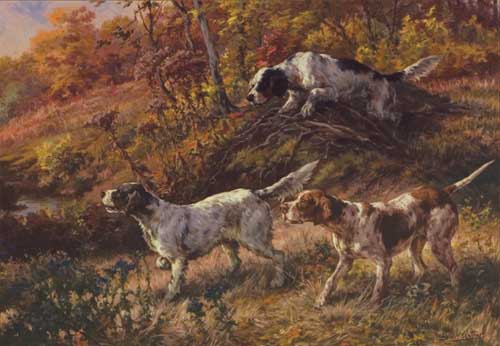Painting Code#5009-Edmund Henry Osthaus: Three Setters on Point
