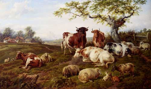 Painting Code#5044-Jones, Charles: Resting Cattle, Sheep And Deer, A Farm Beyond