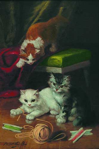 Painting Code#5056-Alfred Arthur Burnel De Neauvill(French, 1851-1941): Kittens at Play
