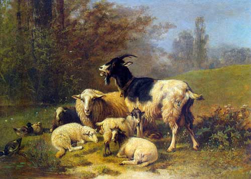 Painting Code#5166-De Beul, Henri: Sheep and Goats Resting on a Riverbank
