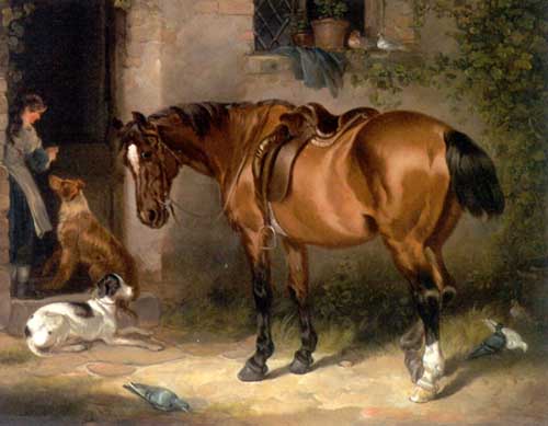 Painting Code#5171-Charles Shayer - Waiting for Master Horse Dogs and Pigeons