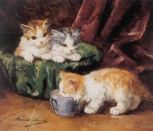 Painting Code#5176-Alfred de Neuville - Kittens in a Tea Cup of Milk for Three Cats and Kittens