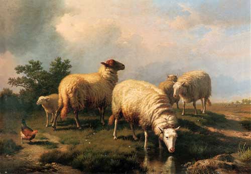 Painting Code#5185-Verboeckhoven, Eugene Joseph: Sheep And A Chicken In A Landscape