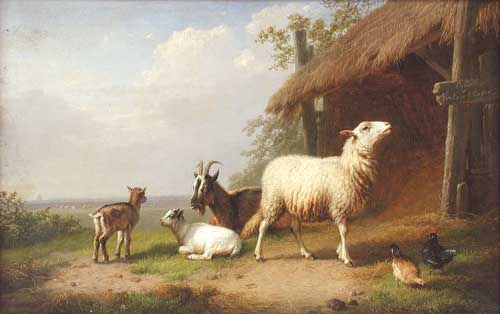 Painting Code#5188-VERBOECKHOVEN, Eugene Joseph: Moutons Et Poules Dans Une Paisaje