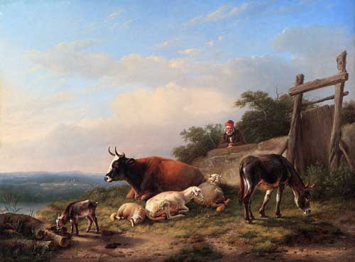 Painting Code#5193-Verboeckhoven, Eugene Joseph: A Farmer Tending His Animals
