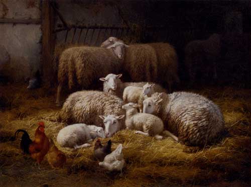 Painting Code#5194-Sluys, Theo Van(Belgium): Sheep And Chickens In A Farm Interior