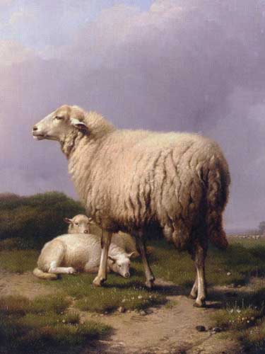 Painting Code#5212-Eugene Joseph Verboeckhoven - Ewe with Two Lambs