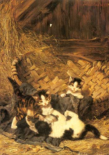 Painting Code#5238-Julius Adam: Playful Kittens in a Basket