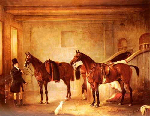 Painting Code#5273-Ferneley, Snr., John(UK): Sir John Thorold&#039;s Bay Hunters With Their Groom In A Stable