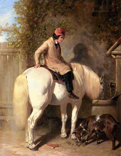 Painting Code#5293-Herring Snr, John Frederick(England): Refreshment, A Boy Watering His Grey Pony