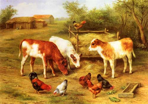 Painting Code#5302-Hunt, Edgar(UK): Calves and Chickens feeding in a Farmyard