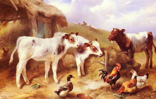 Painting Code#5314-Hunt, Walter(USA): Calves, Chicken and a Duck