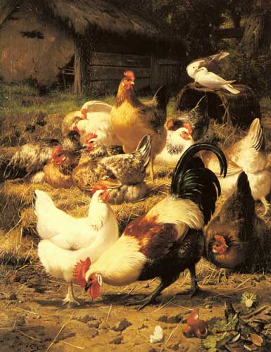 Painting Code#5328-Maes, Eugene Remy(Belgium): Poultry in a Farmyard 
 