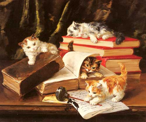 Painting Code#5346-Neuville, Alfred Brunel de(France): Kittens Playing on a Desk