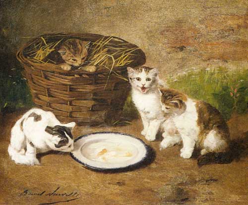 Painting Code#5388-Neuville, Alfred Brunel de(France): Kittens by a Bowl of Milk
