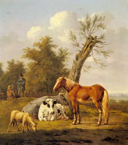 Painting Code#5401-Oberman, Anthony(Denmark): Cows, a Horse and a Sheep Resting by a Blasted Oak