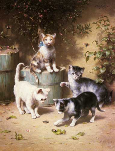 Painting Code#5406-Reichert, Carl(Austria): Kittens Playing with Beetles
