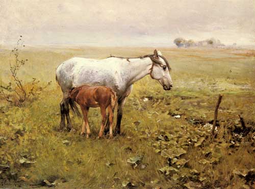 Painting Code#5427-Wierusz-Kowalski, Alfred Von(Poland): A Mare And Her Foal In A Landscape