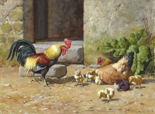 Painting Code#5459-WILLIAM B. BAIRD: A Rooster, Hen, and Chicks

