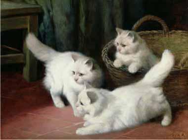 Painting Code#5497-Arthur Heyer - Three White Angora Kittens