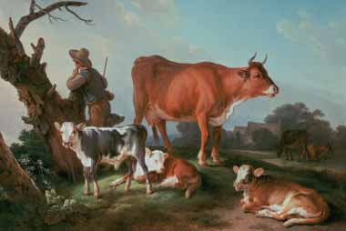 Painting Code#5522-Jean-Baptiste Huet - Pastoral Scene with a Cowherd