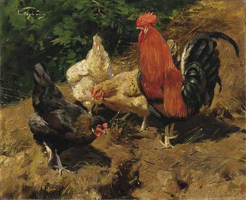 Painting Code#5614-Geza Vastagh - Rooster Chickens