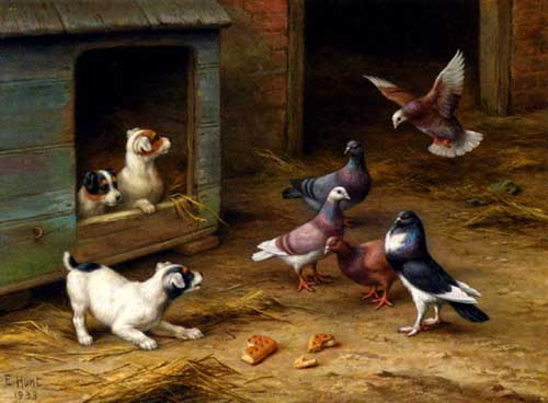 Painting Code#5634-Hunt, Edgar(UK): Puppies and Pigeons playing by a Kennel