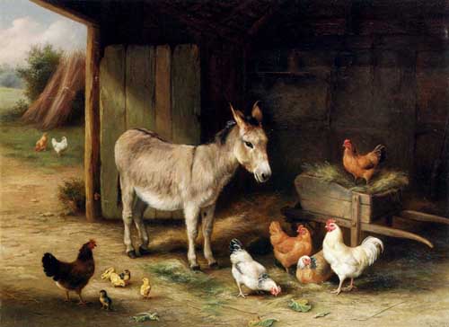 Painting Code#5637-Hunt, Edgar(UK): Donkey, Hens and Chickens in a Barn